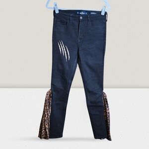 Black Hollister Skinny Jeans – Customized Flares with Pleated Leopard Fabric